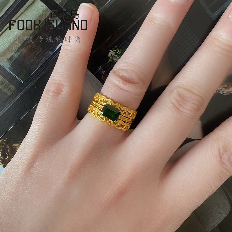 福来岛黄金戒指叠戴复古透辉石足金999古法金新款女士黄金首饰