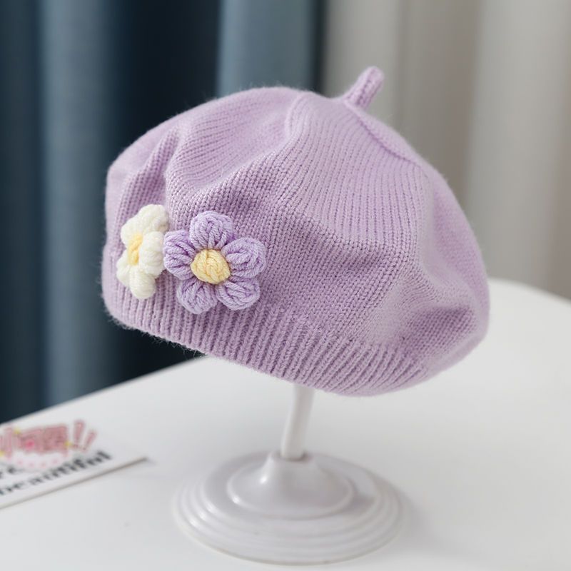 针织贝雷帽女童帽画家帽子小花女潮婴儿毛线帽可爱秋冬季儿童宝宝