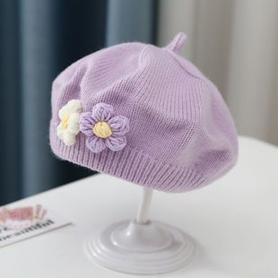 针织贝雷帽女童帽画家帽子小花女潮婴儿毛线帽可爱秋冬季儿童宝宝