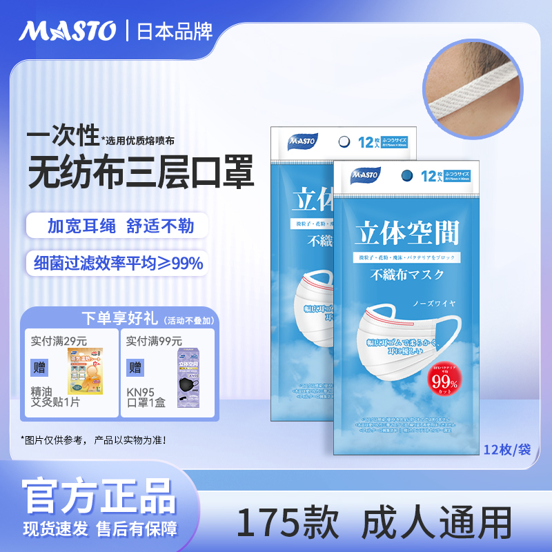 日本Masto一次性口罩三层防护防尘白色家庭装夏季薄款透气男女