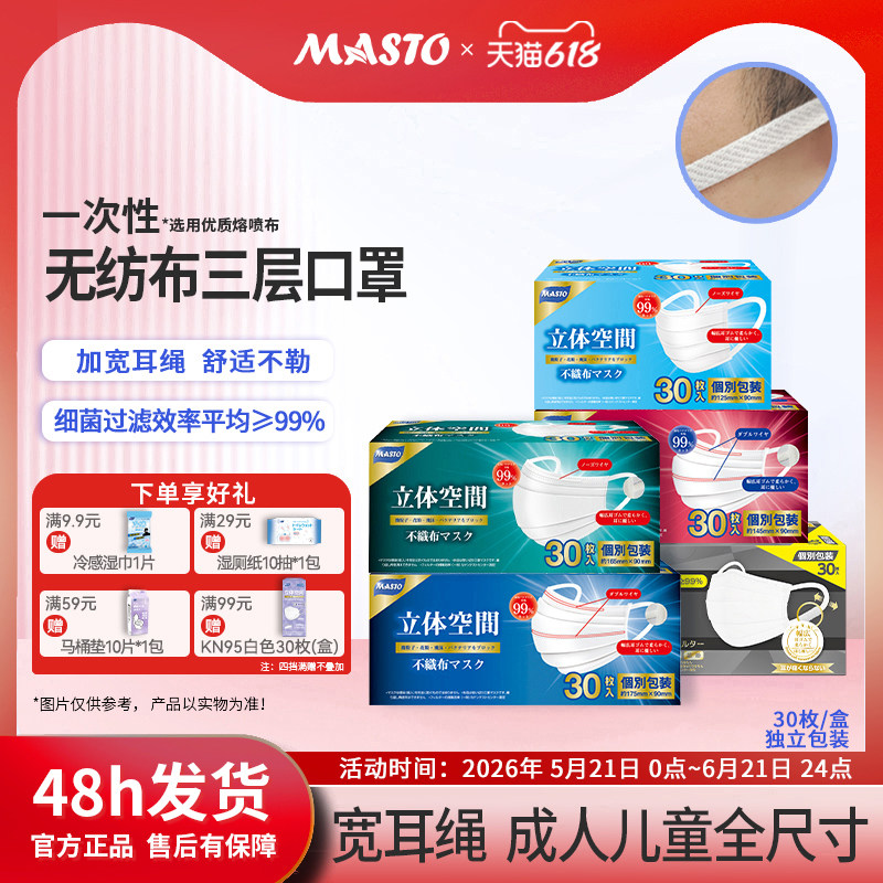 日本Masto成人儿童大脸小脸独立一次性三层防护口罩高颜值透气