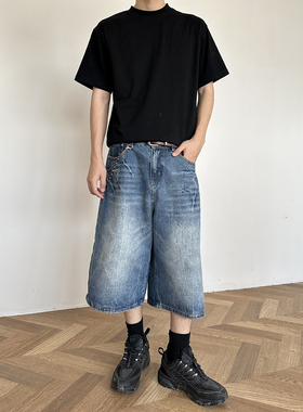 Evoluer 闪电纹水洗做旧牛仔七分裤廓形宽松潮流百搭牛仔短裤男女