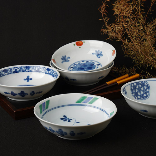 日本进口波佐见烧染锦彩绘多用钵釉下彩汤盘酱菜深盘甜品水果盘