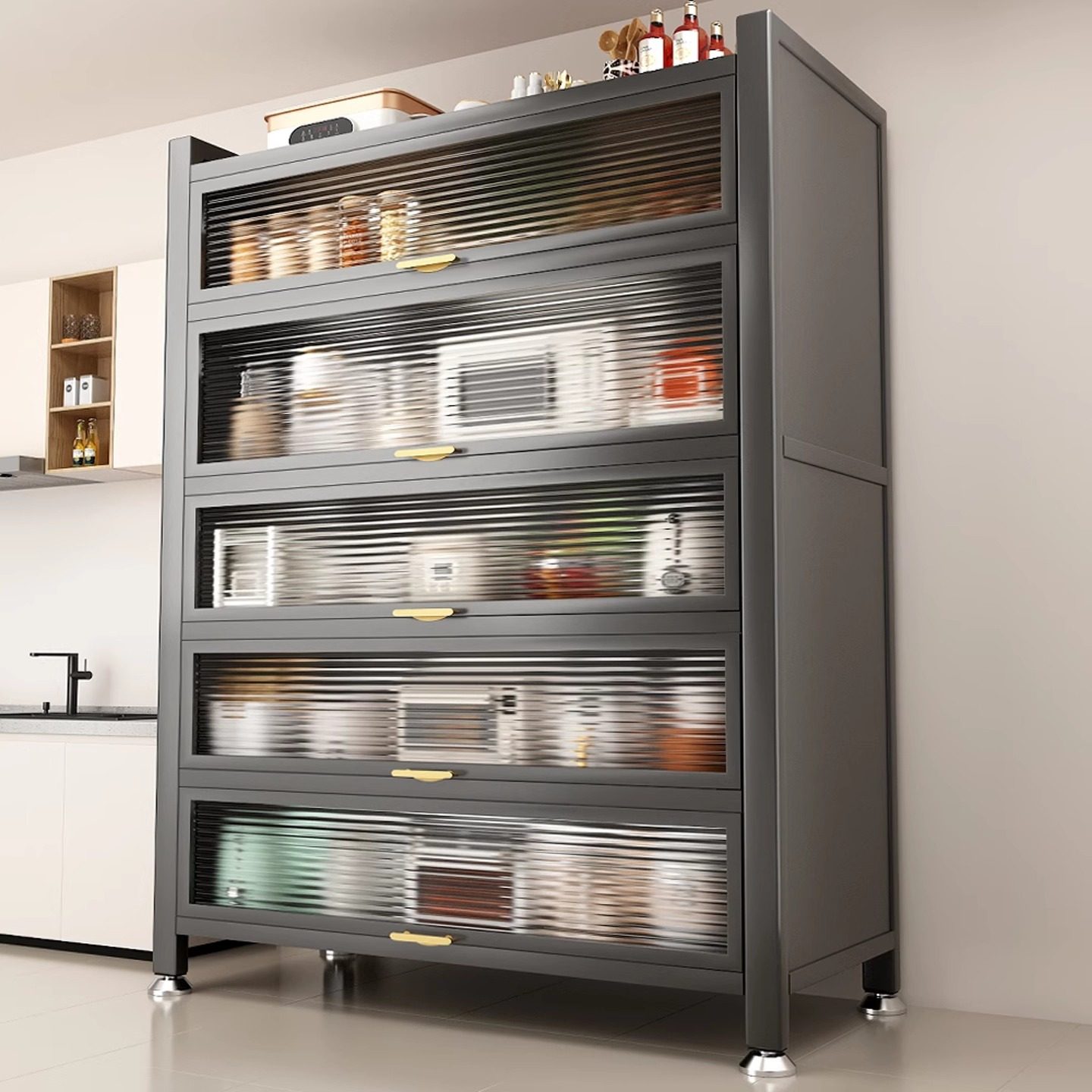 厨房置物架家用防尘收纳层架钢制多层翻门靠墙一体微波炉碗筷收纳,厨房/烹饪用具,厨房置物架/置物柜/角架,淘宝优惠券,粉丝福利购,淘宝优惠卷