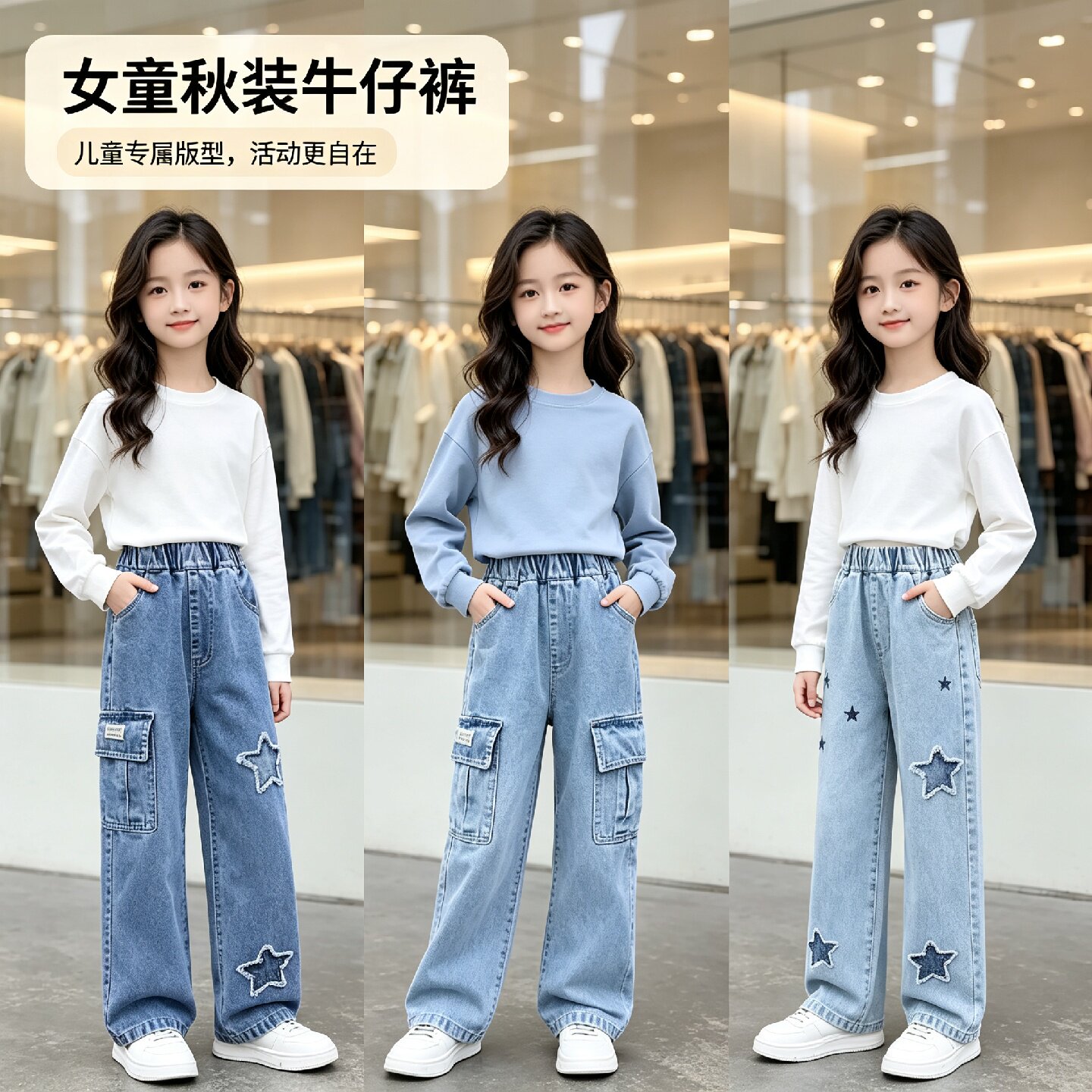 女童牛仔阔腿裤网红宽松洋气直筒