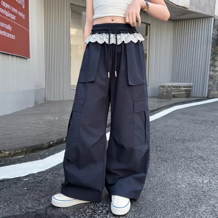 夏季薄款女童工装裤女大童百搭速干裤子儿童韩系时髦花边阔腿裤潮