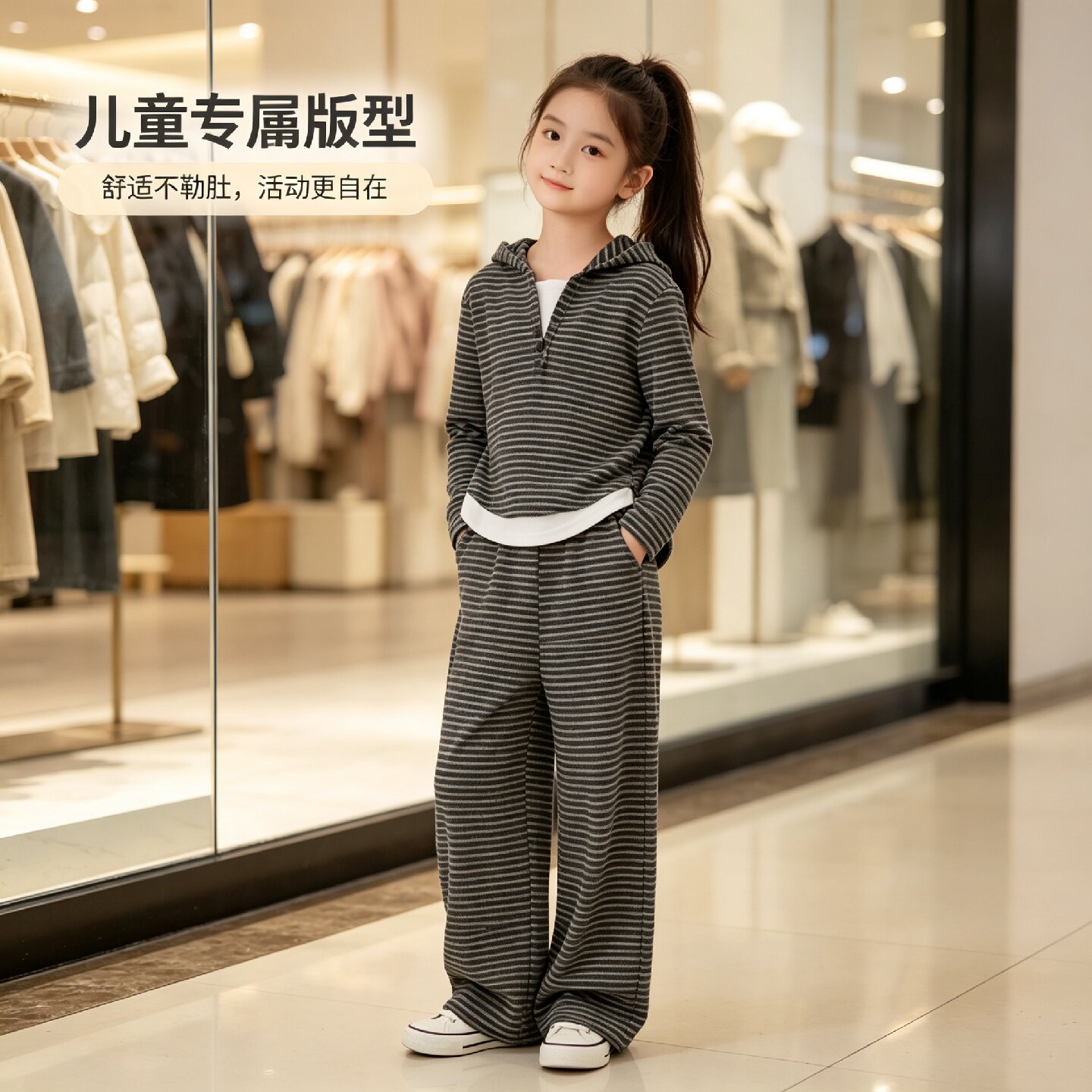 条纹慕斯绒假两件儿童套装612岁