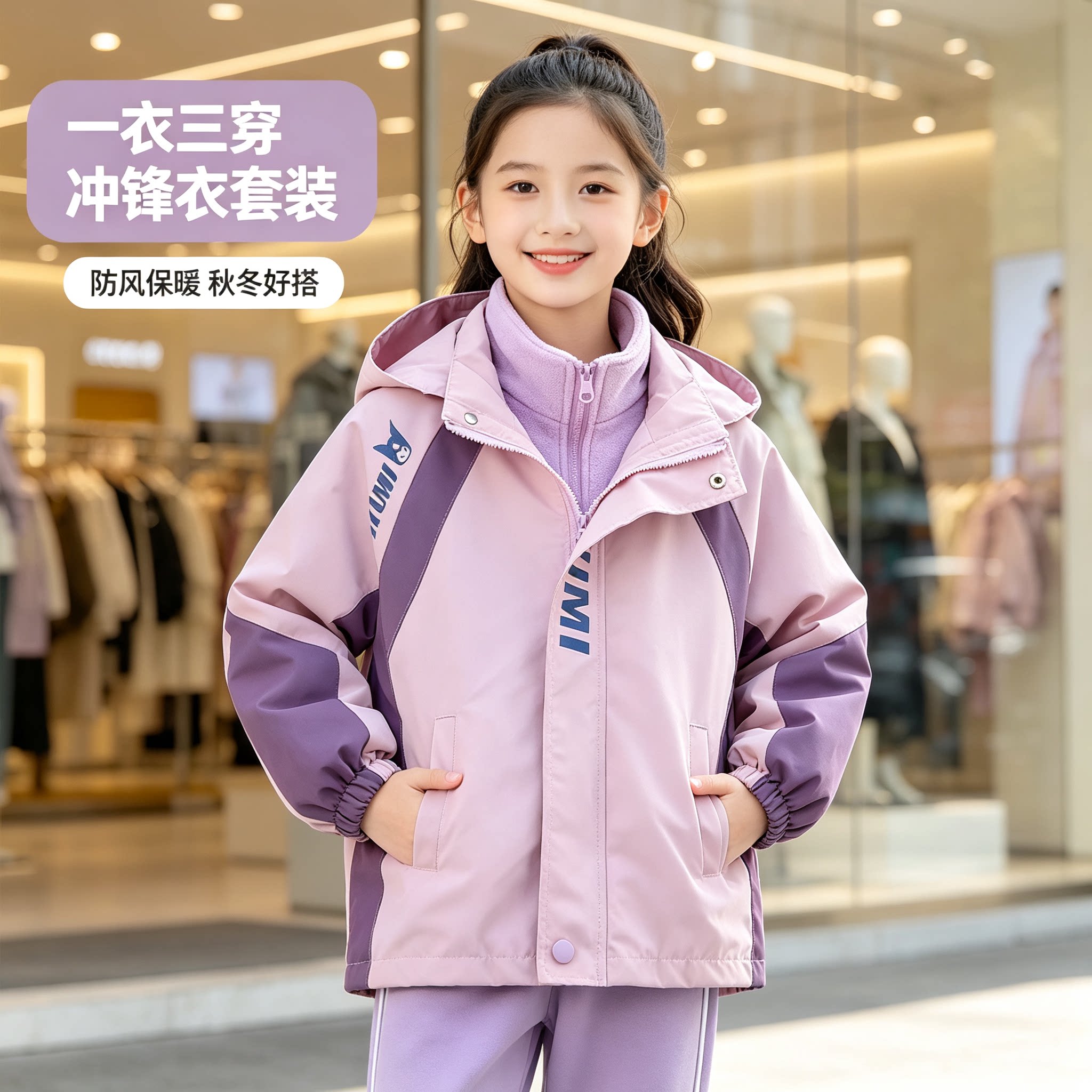 女童春秋冬装儿童可拆冲锋衣加绒