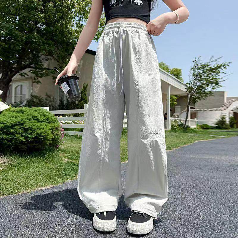 2026中大女童裤子夏季薄款大童女孩阔腿裤字母刺绣长裤儿童工装裤