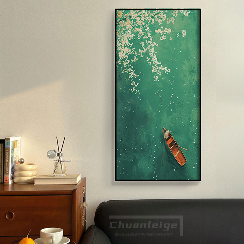 春湖 新中式风景装饰画法式ins风绿色挂画日式入户玄关大型壁画