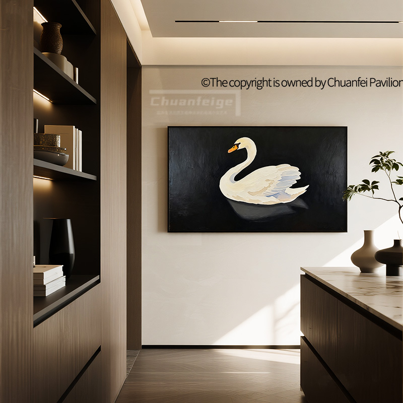 抽象意式极简横版油画餐厅挂画高级感黑白天鹅艺术客厅沙发装饰画
