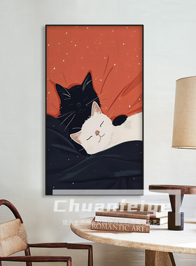 现代装饰画温馨治愈小猫咪玄关卧室床头客厅挂画竖版简约儿童房画