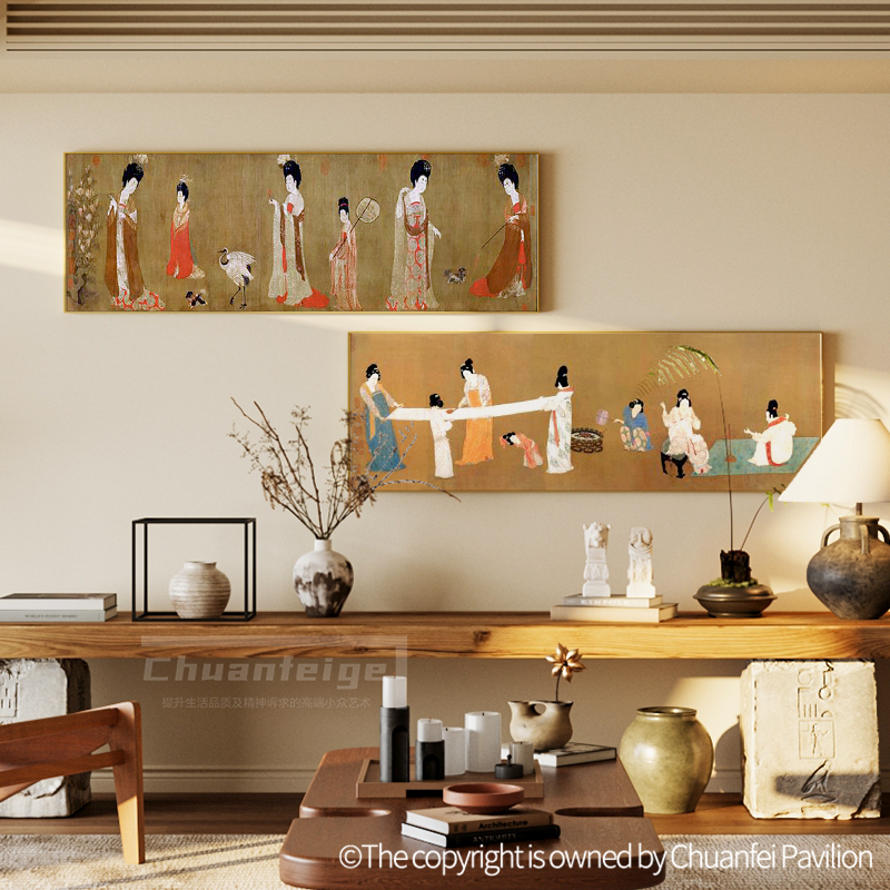 仕女图新中式高清国画横版客厅沙发背景墙挂画壁画复古民宿装饰画