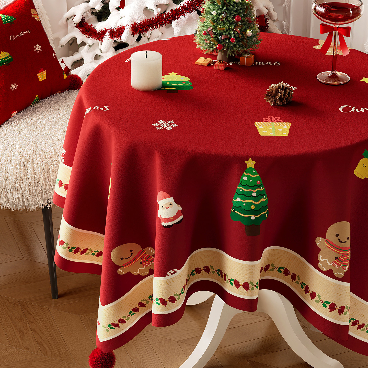 圣诞主题圆桌布轻奢高级感餐桌布节日红色喜庆氛围感小圆茶几台布,居家布艺,桌布,淘宝优惠券,粉丝福利购,淘宝优惠卷
