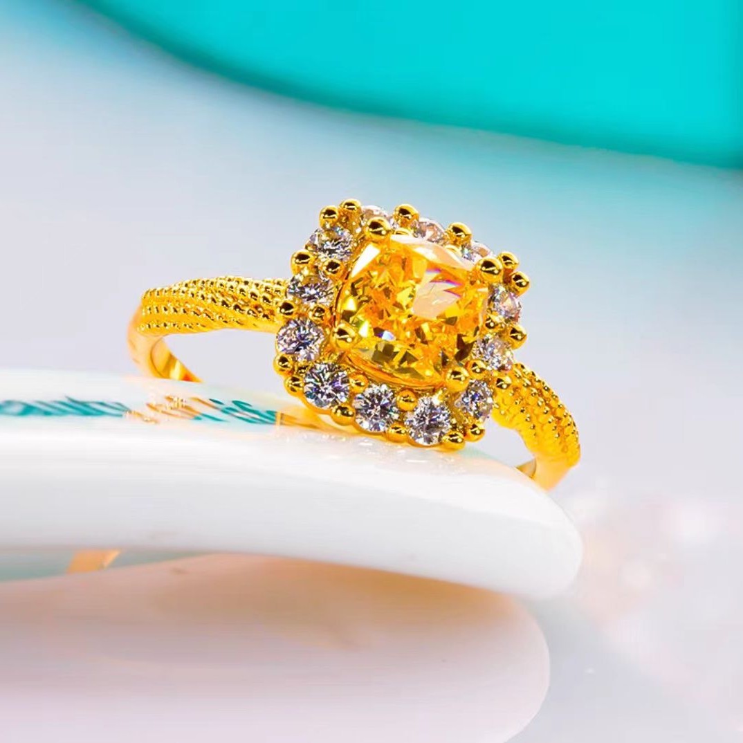 AU750纯18K黄金镶嵌美国进口D色莫桑石黄钻小方糖戒指气质时尚潮