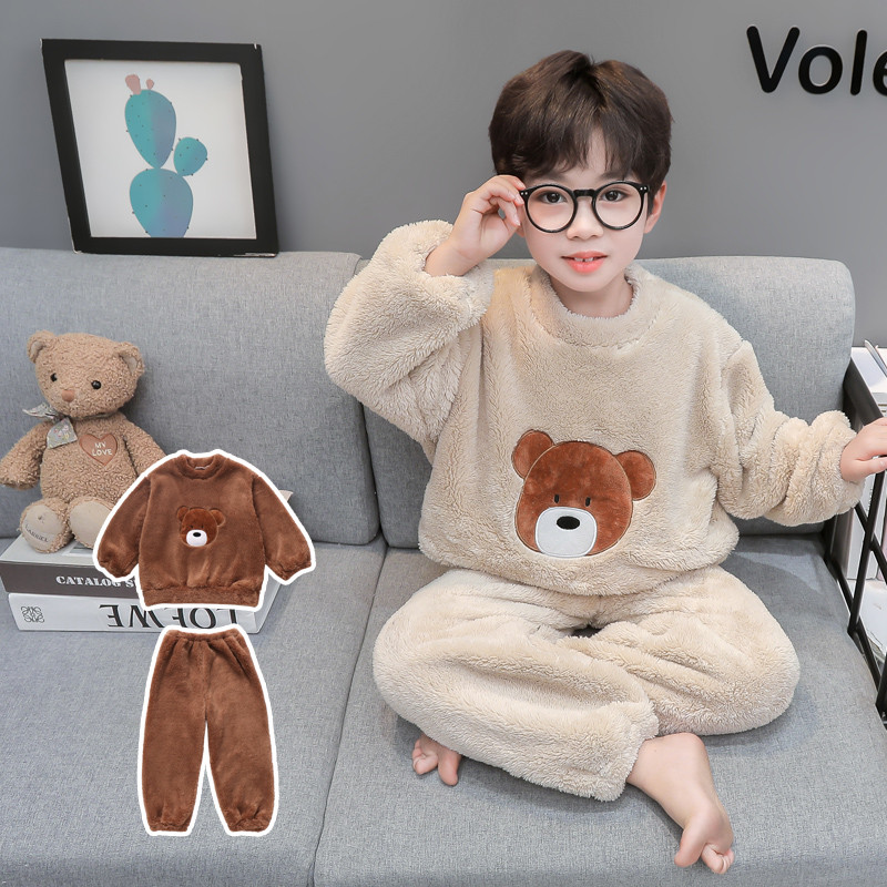 小熊套装法兰绒冬季儿童家居服