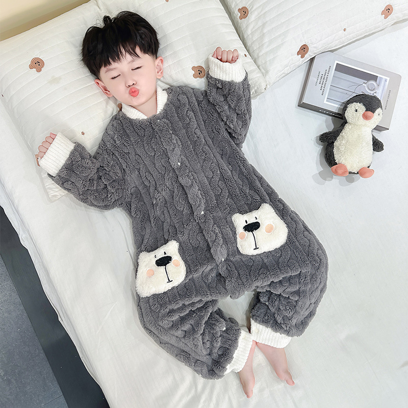 儿童连体睡衣男童睡袋冬款珊瑚绒宝宝防着凉双层加厚男孩连身衣服