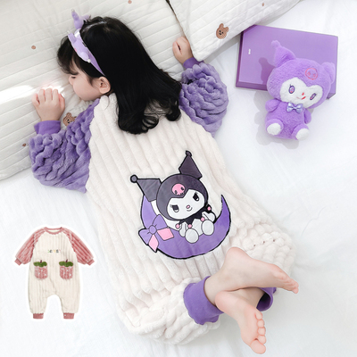 女童睡袋珊瑚绒秋冬季防踢被家居服双层加厚款儿童连体法兰绒睡衣