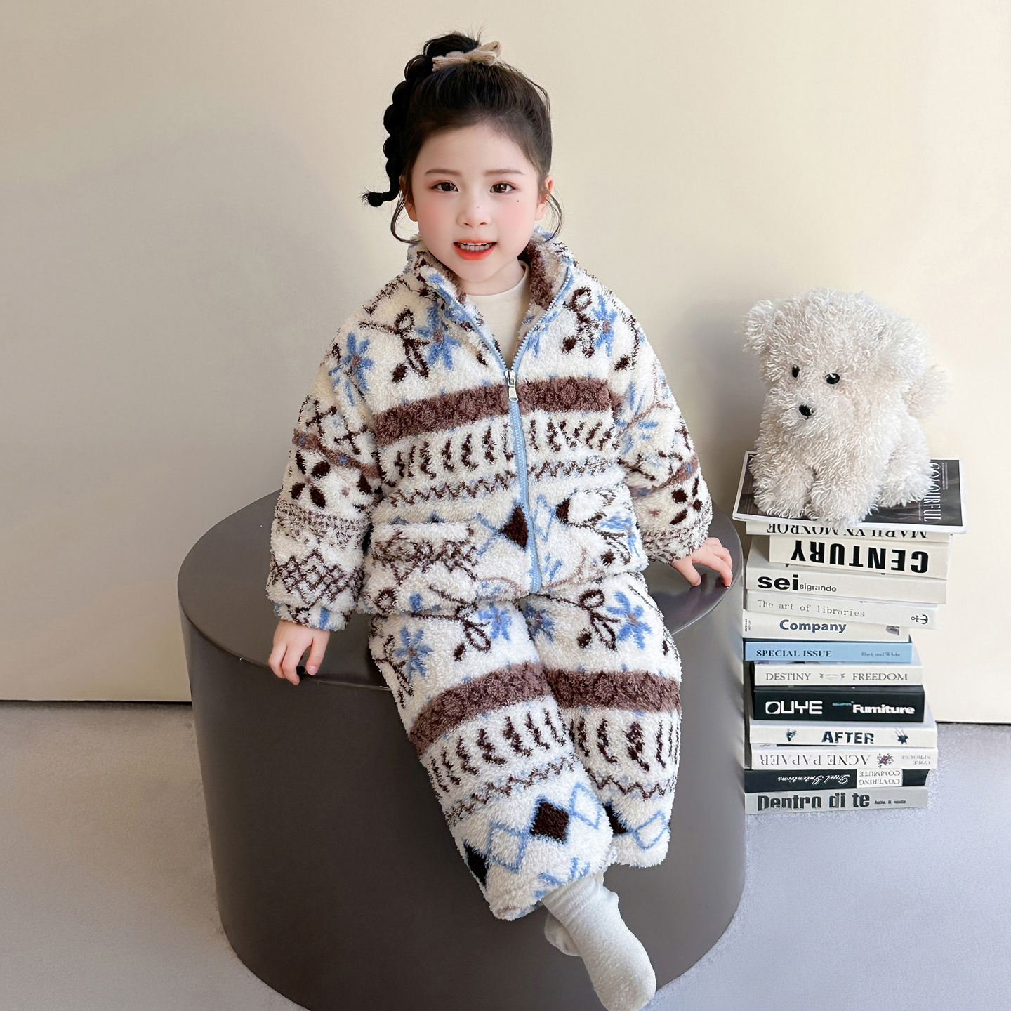 儿童珊瑚绒家居服套装男女宝宝加厚保暖立领拉链睡衣冬季三层夹棉