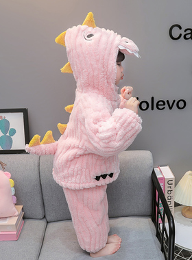 女童睡衣新款秋冬儿童冬装珊瑚绒双层加厚宝宝冬季分体恐龙家居服