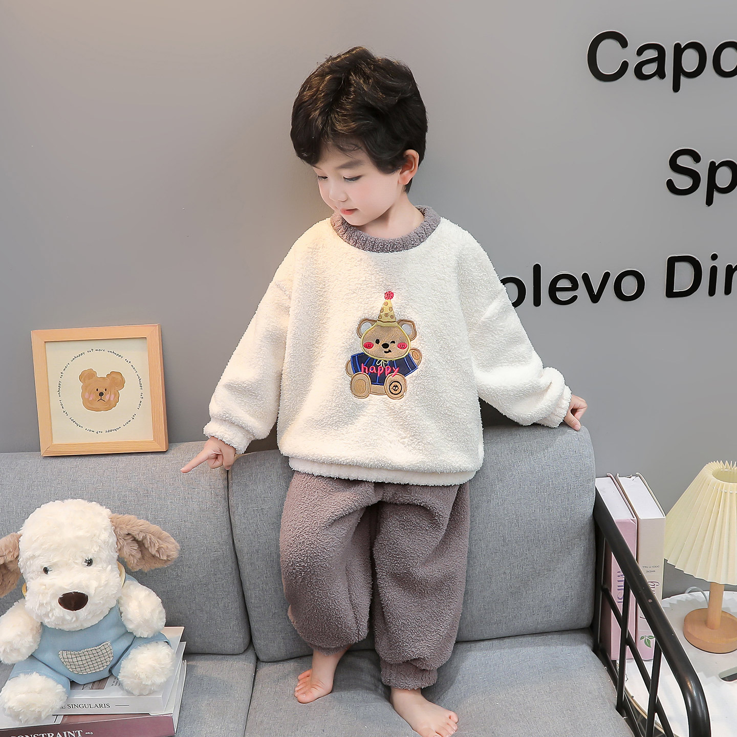 男童珊瑚绒加厚家居服套装