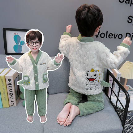 男童睡衣秋冬款2024新款儿童法兰绒家居服男宝加绒加厚珊瑚绒套装