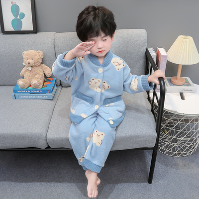 男童睡衣法兰绒秋开衫2025新款加绒套装宝宝珊瑚绒秋冬加厚家居服