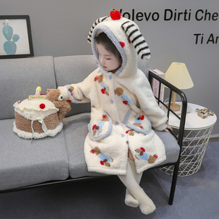 女童睡袍秋冬连帽米粒绒女孩兔子耳朵开衫珊瑚绒冬季长款儿童浴袍