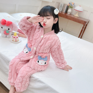 儿童睡衣女孩秋冬季法兰绒宝宝开衫套装冬款加厚女童珊瑚绒家居服