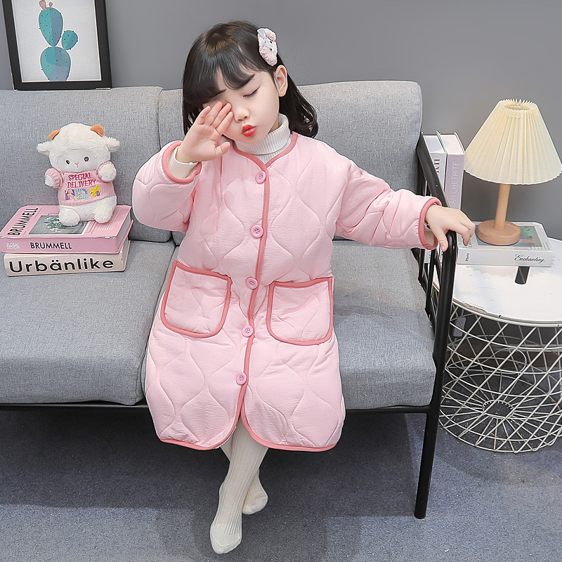 儿童浴袍珊瑚绒女童睡袍可外穿秋冬季加厚款小孩宝宝三层夹棉睡衣