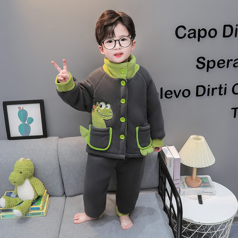 儿童睡衣秋冬款2024款加绒加厚男孩男宝宝三层夹棉套装男童家居服