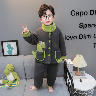 儿童睡衣秋冬款2024款加绒加厚男孩男宝宝三层夹棉套装男童家居服