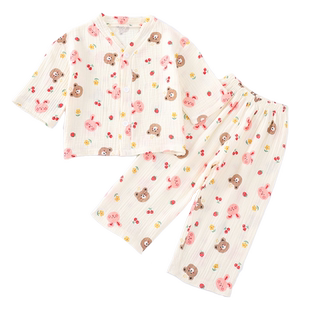 女童家居服薄款短袖儿童睡衣棉麻纱布夏季宝宝春秋空调服套装开衫