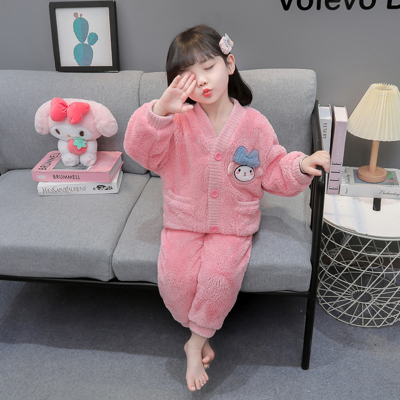 女童珊瑚绒睡衣秋冬加厚款儿童冬季开衫套装女孩宝宝法兰绒家居服
