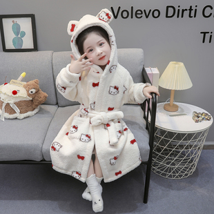 女童睡袍秋冬季女孩珊瑚绒儿童加厚浴袍睡衣儿童宝宝半边绒家居服