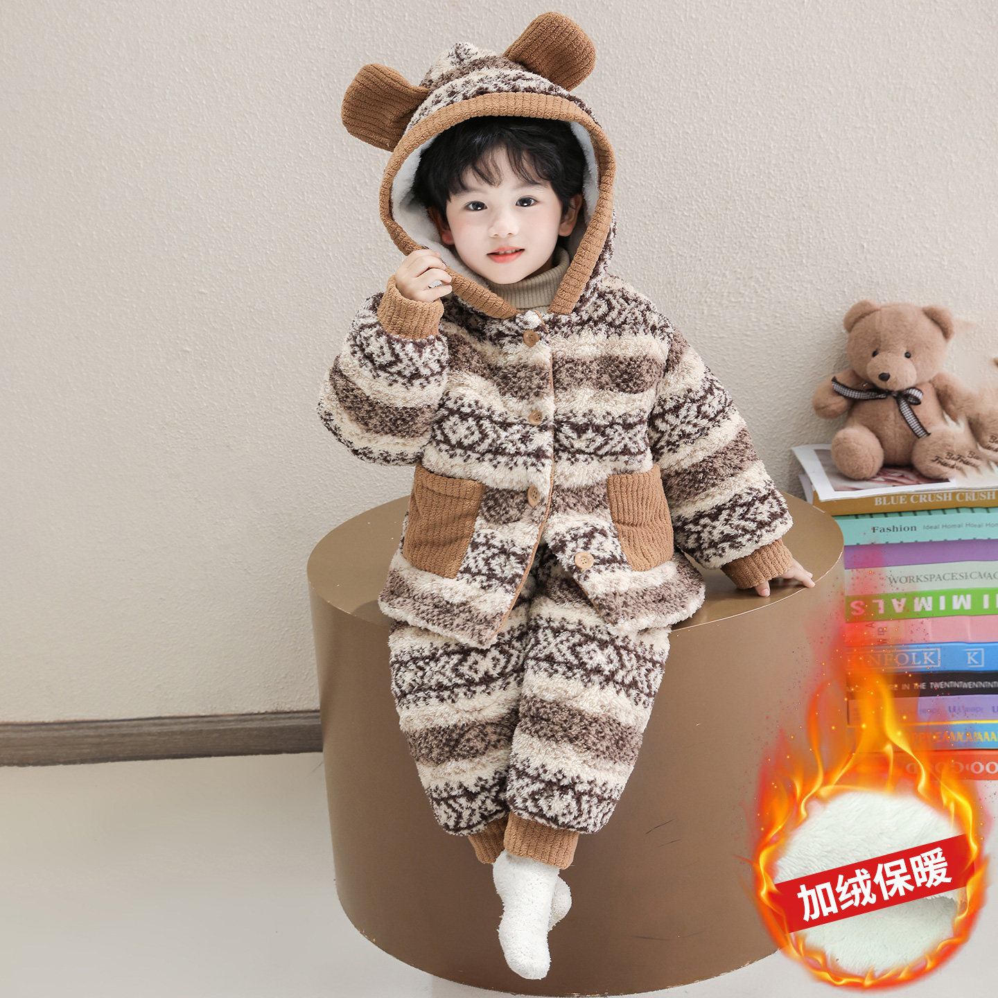 儿童睡衣男童冬季珊瑚绒三层夹棉