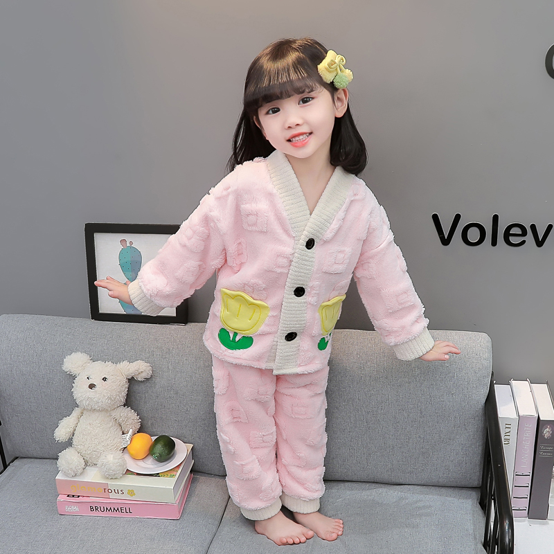 女童秋冬睡衣法兰绒2024加厚套装儿童珊瑚绒开衫加绒婴幼儿家居服