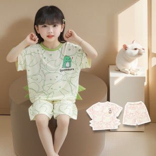女童恐龙夏季新款薄款卡通睡衣女孩套装宝宝莫代尔可爱连体家居服