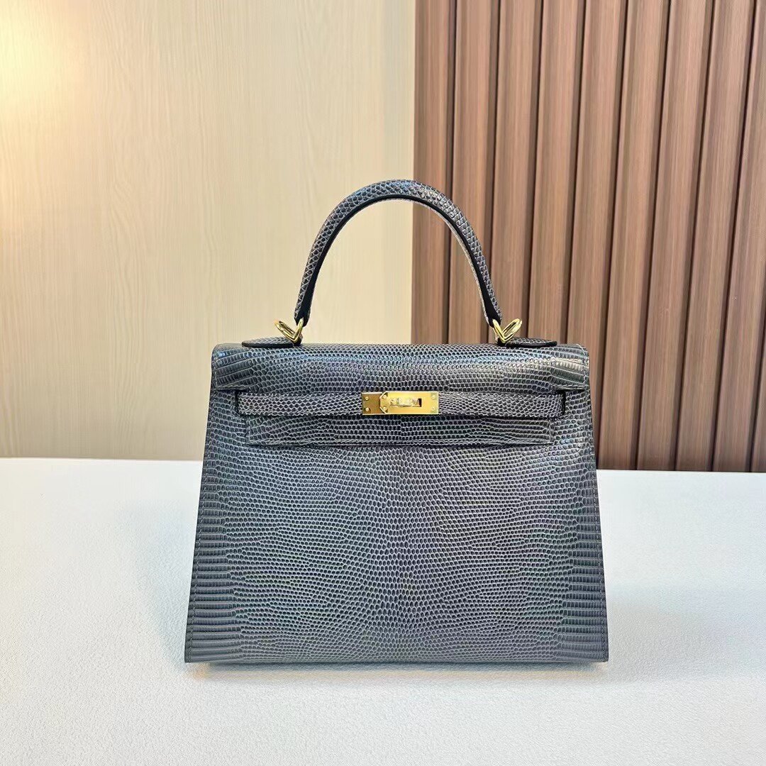 Kelly25cm 纯手工 进口亮面蜥蜴 麻绳灰 金扣  手缝 金扣包包