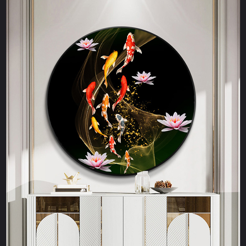现代简约客厅圆形玄关装饰画年年有余走廊过道挂画书房餐厅壁画图片