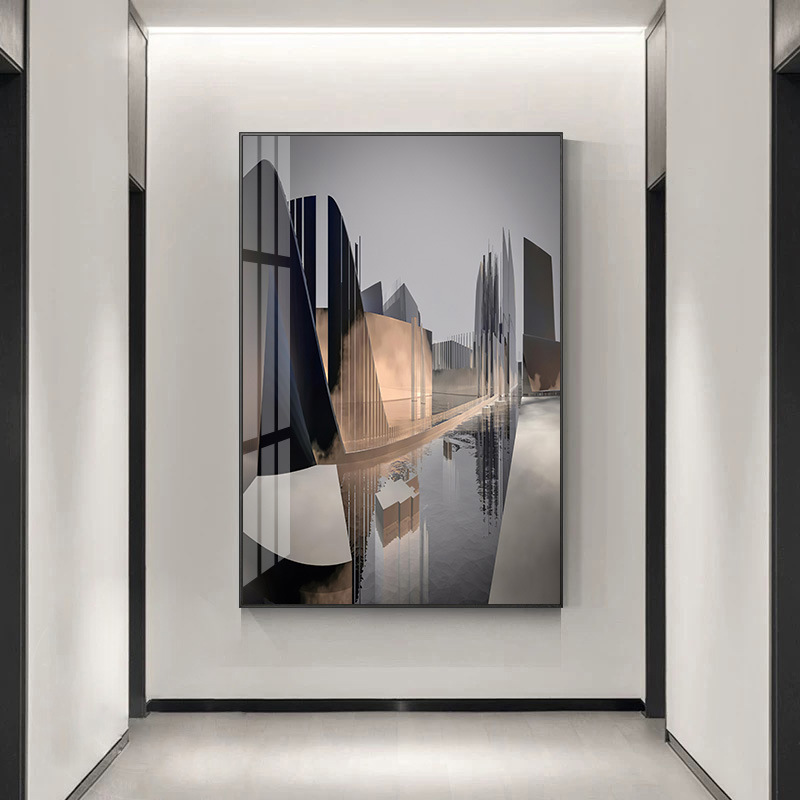 倒影世界玄关装饰画建筑城市抽象壁画现代简约工业风酒店黑白壁画图片