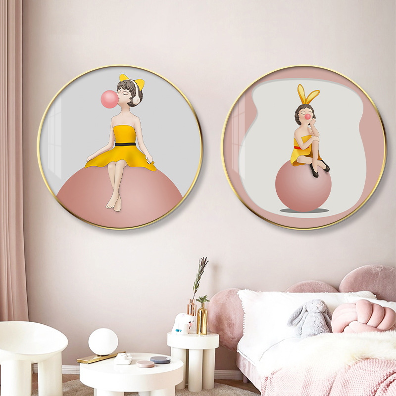 轻奢儿童房装饰画圆形公主房少女床头挂画可爱女孩温馨卧室壁画图片