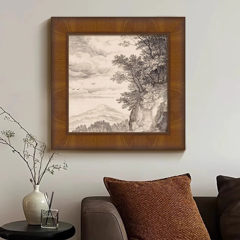 法式复古客厅装饰画风景线稿素描卧室挂画美拉德中古餐厅玄关壁画图片