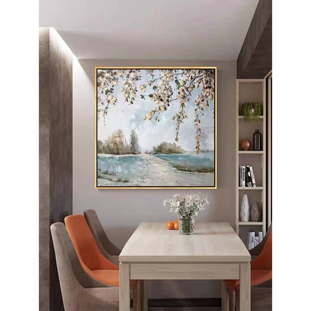 纯手绘浅灰蓝色调餐厅花卉装饰画立体唯美式艺术油画女孩卧室挂画图片
