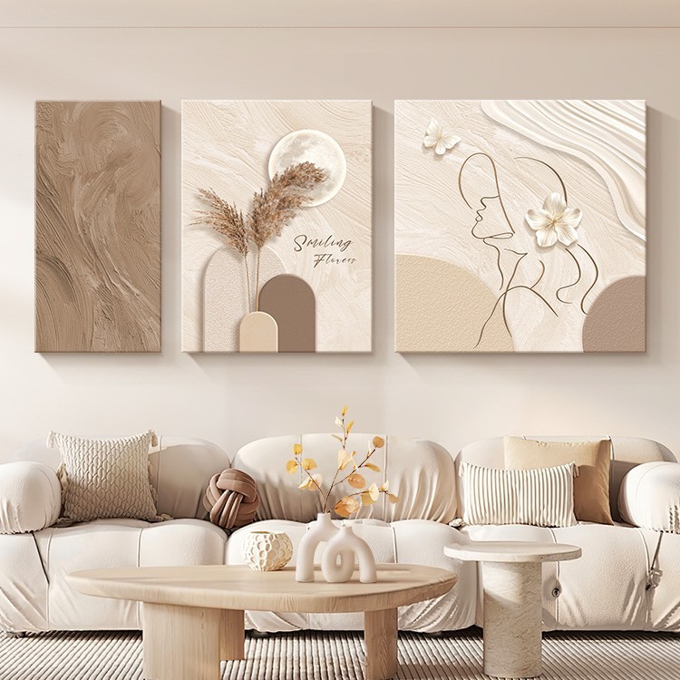 奶油风客厅装饰画简约现代侘寂风人物抽象三联壁画沙发背景墙挂画