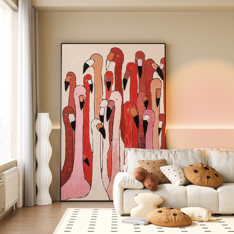 简约现代客厅沙发背景墙装饰画  红色火烈鸟玄关壁画动物竖版挂画图片