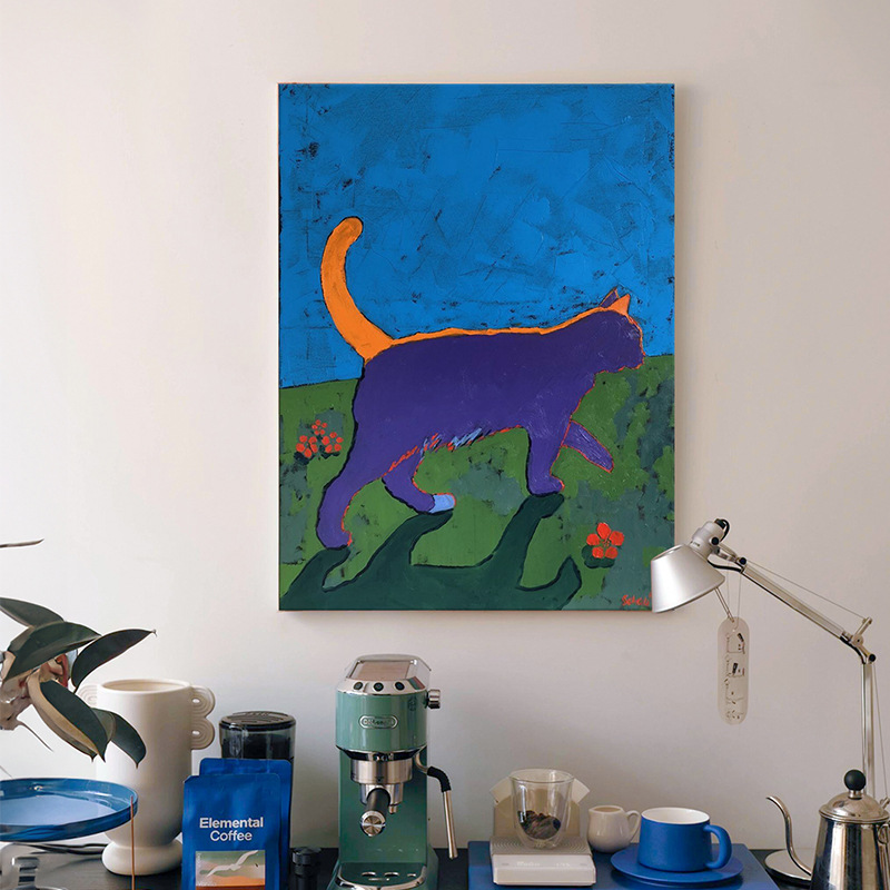 餐厅背景墙装饰画  复古小猫中古包豪斯艺术挂画高级感多巴胺个性图片