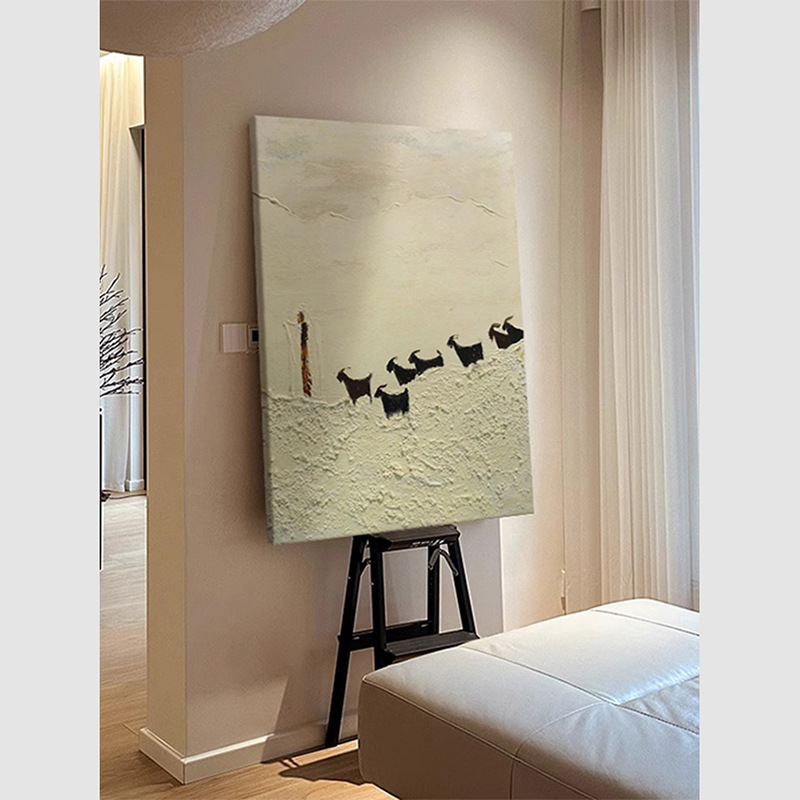 小众艺术  动物小羊装饰画客厅侘寂风玄关抽象风景挂画儿童房可爱图片