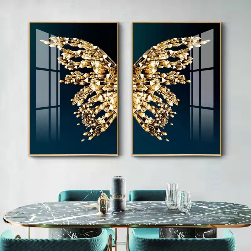北欧轻奢现代客厅炫彩金色蝴蝶晶瓷画餐厅背景墙壁画两联装饰画图片