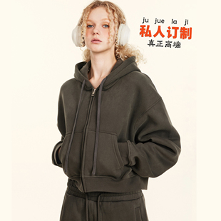 欧美落肩宽松加绒加厚连帽卫衣拉链外套宽松短款女款帽衫来图定制